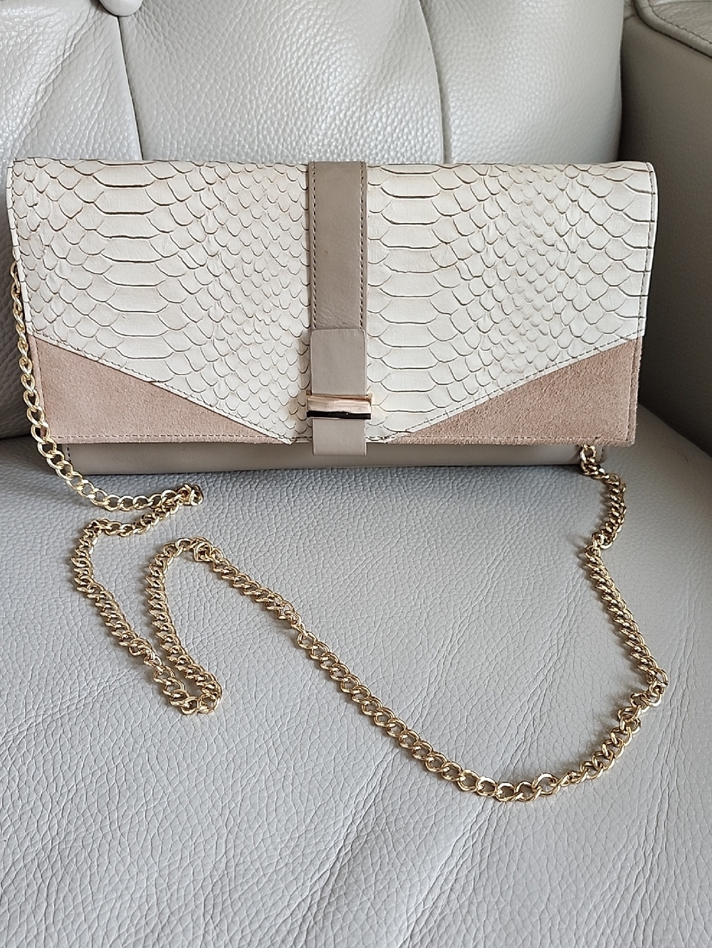 Halogen Cream-Taupe Faux-Snakeskin, Suede & Leather Crossbody Clutch Wallet, $45